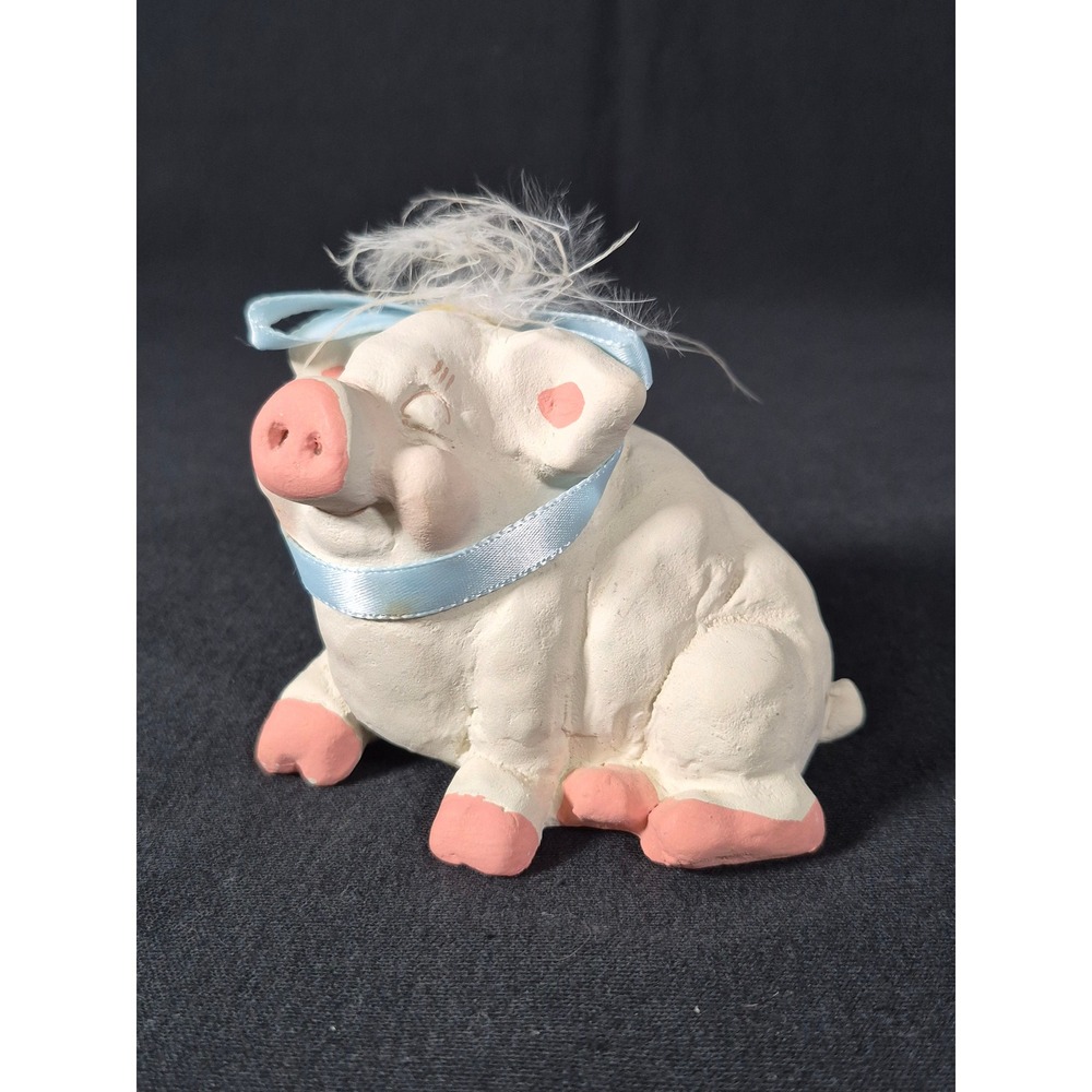 Cast Art Dreamsicles Pig Figurine White Pink Blue Ribbon Feather Farmhouse Decor